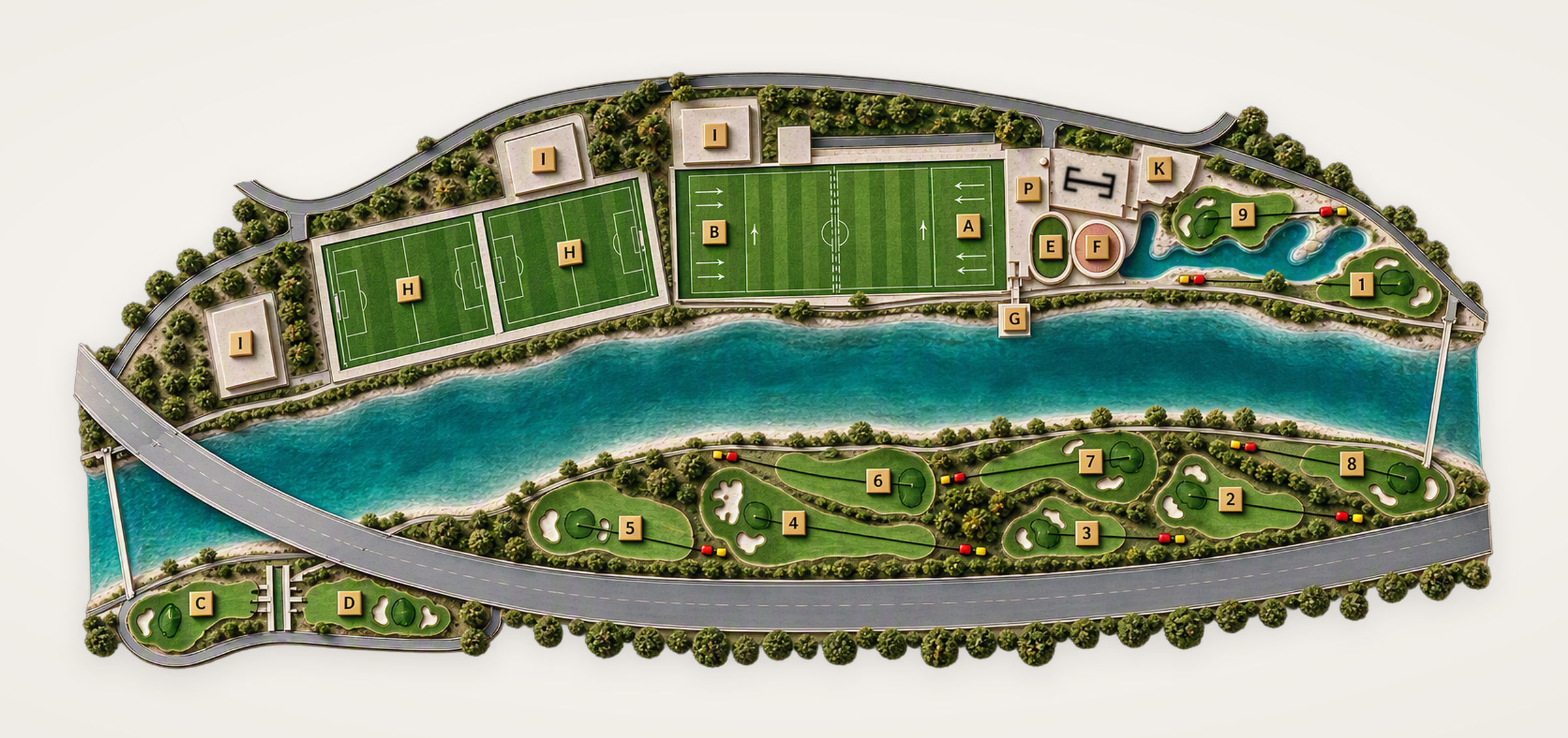Official BANÚS nine-hole course layout with numbered holes